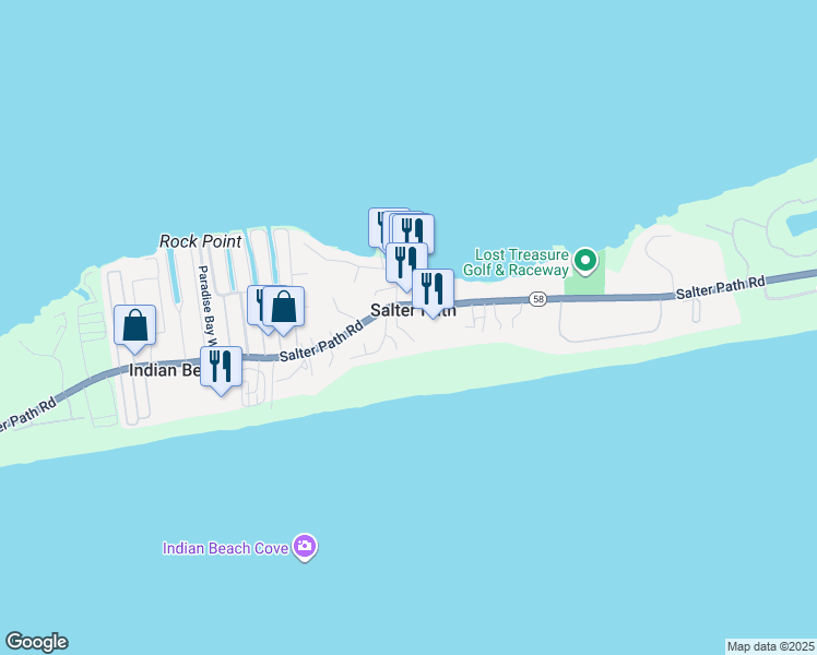 map of restaurants, bars, coffee shops, grocery stores, and more near 141 Beach Hill Lane in Salter Path
