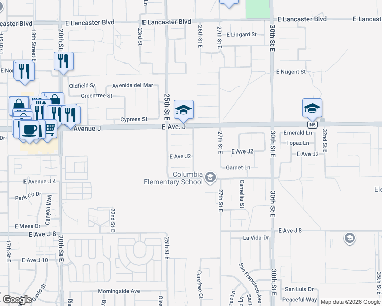 map of restaurants, bars, coffee shops, grocery stores, and more near 2559 East Avenue J2 in Lancaster