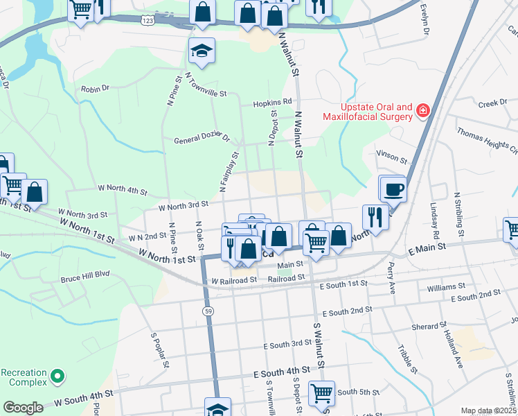 map of restaurants, bars, coffee shops, grocery stores, and more near 201 East North 2nd Street in Seneca