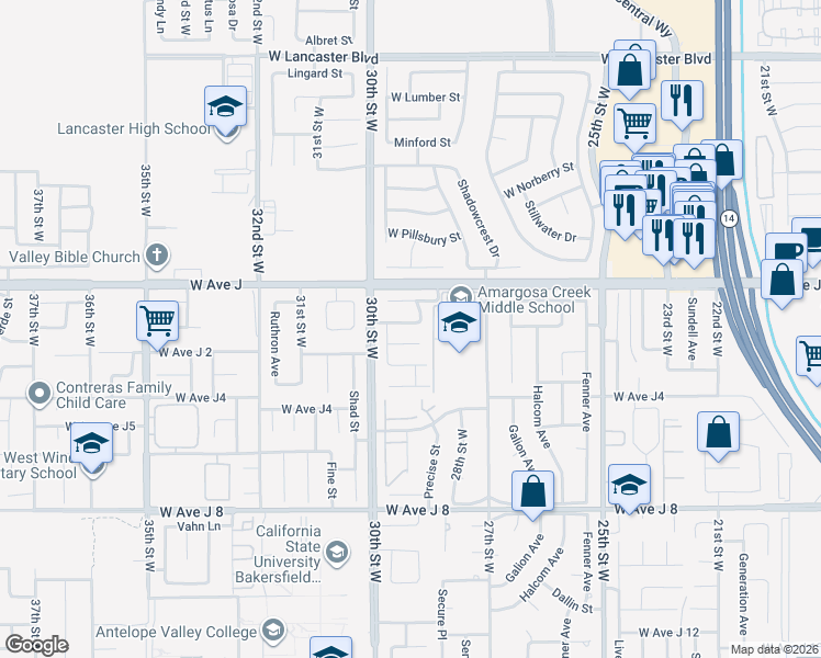 map of restaurants, bars, coffee shops, grocery stores, and more near 2814 Caruso Lane in Lancaster