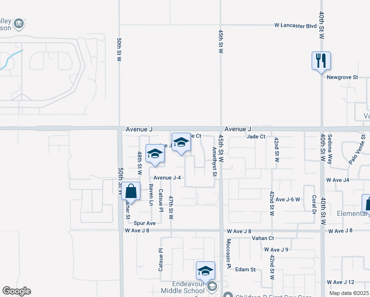 map of restaurants, bars, coffee shops, grocery stores, and more near 4625 Avenue J-2 in Lancaster
