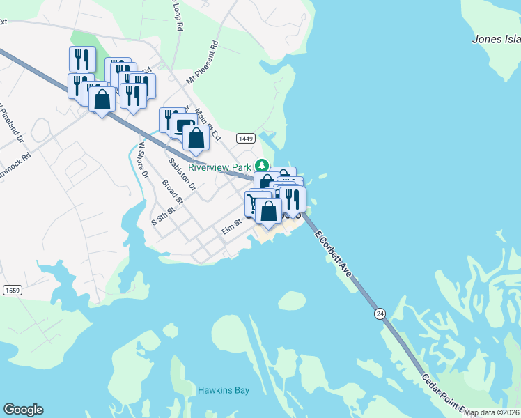 map of restaurants, bars, coffee shops, grocery stores, and more near in Swansboro