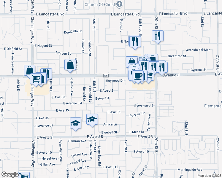 map of restaurants, bars, coffee shops, grocery stores, and more near 44303 Sundance Court in Lancaster