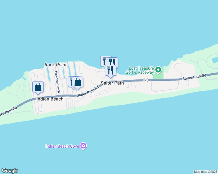 map of restaurants, bars, coffee shops, grocery stores, and more near 133 Beach Hill Lane in Salter Path