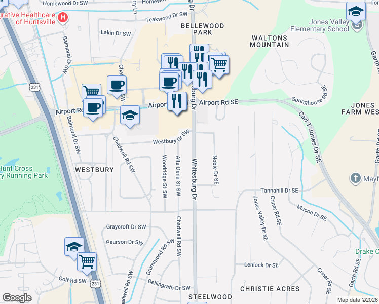 map of restaurants, bars, coffee shops, grocery stores, and more near 5307 Whitesburg Drive in Huntsville