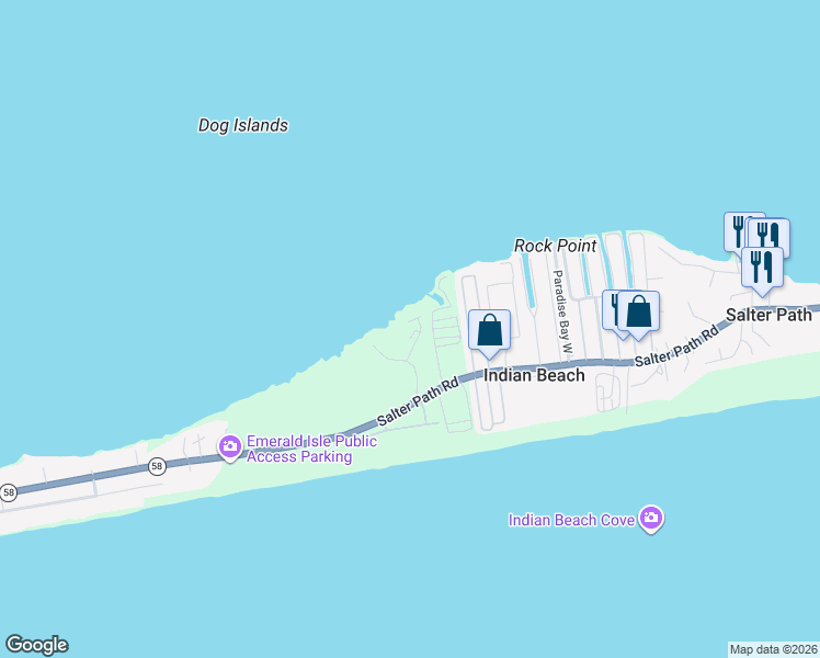 map of restaurants, bars, coffee shops, grocery stores, and more near 1700 Salter Path Road in Salter Path