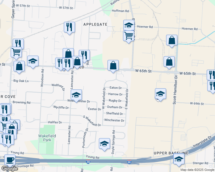 map of restaurants, bars, coffee shops, grocery stores, and more near 6806 West Wakefield Drive in Little Rock