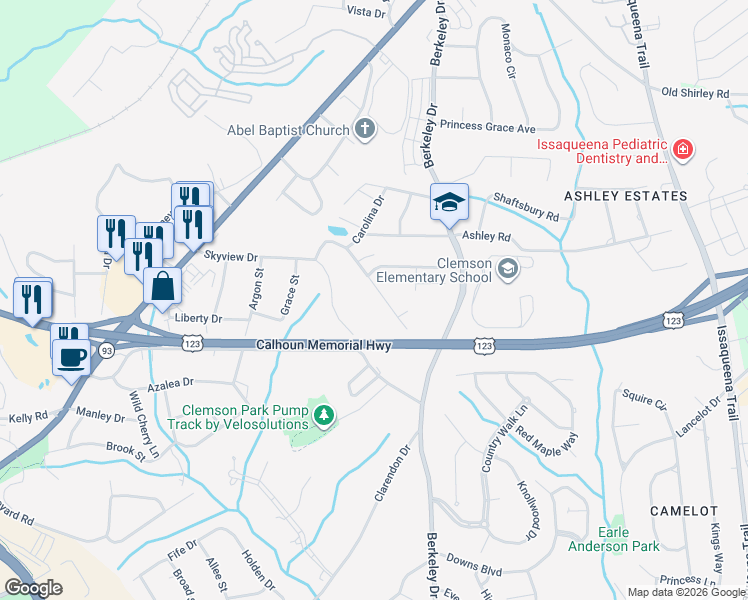 map of restaurants, bars, coffee shops, grocery stores, and more near 206 Blue Ridge Drive in Clemson