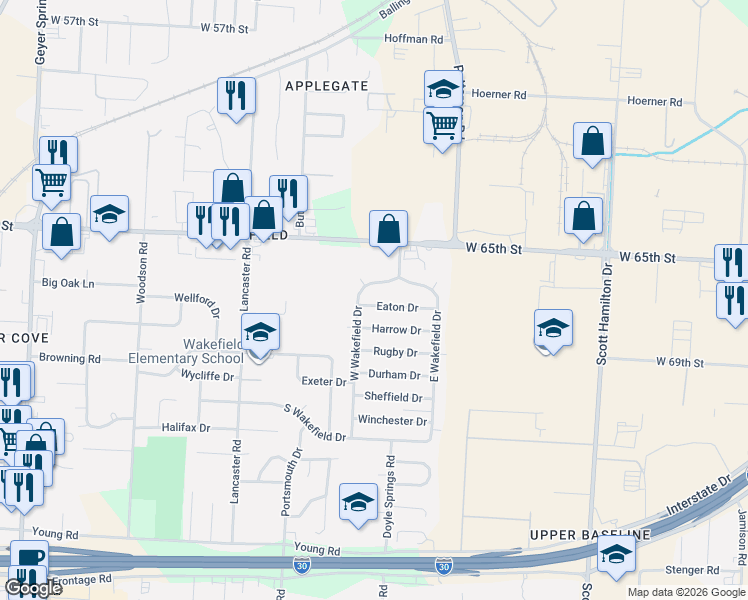 map of restaurants, bars, coffee shops, grocery stores, and more near 21 Eaton Drive in Little Rock