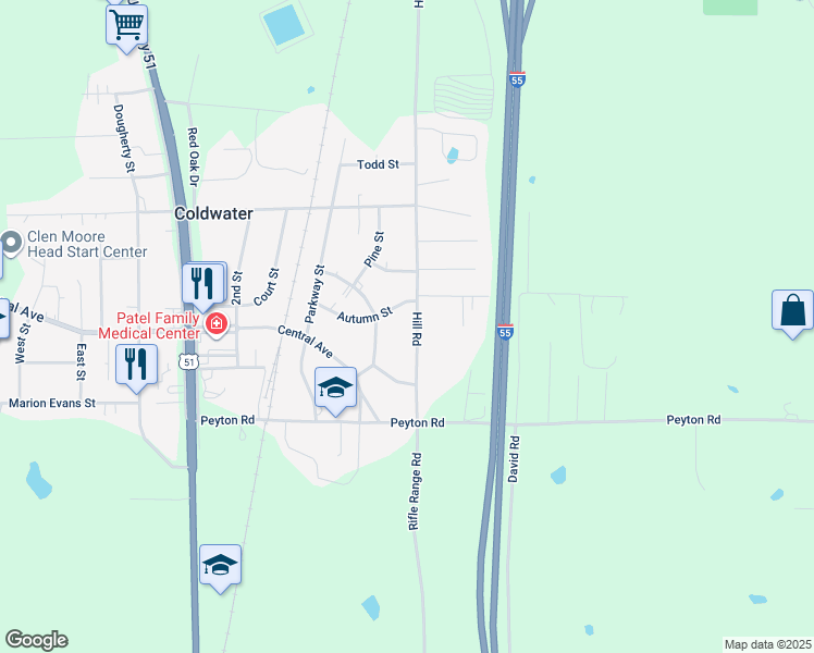 map of restaurants, bars, coffee shops, grocery stores, and more near 653 Hill Road in Coldwater