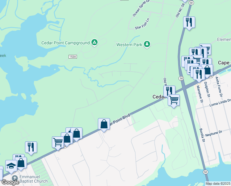 map of restaurants, bars, coffee shops, grocery stores, and more near 115 Little Bay Drive in Swansboro