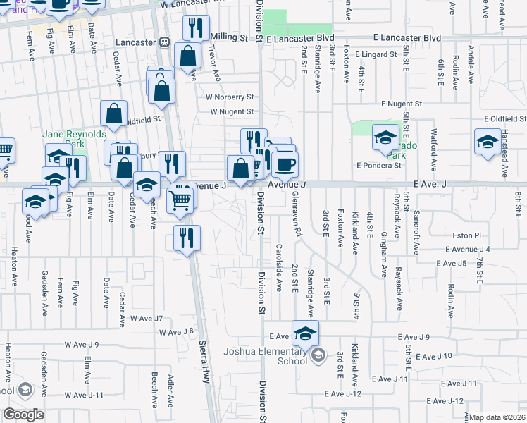 map of restaurants, bars, coffee shops, grocery stores, and more near 44300 Division Street in Lancaster