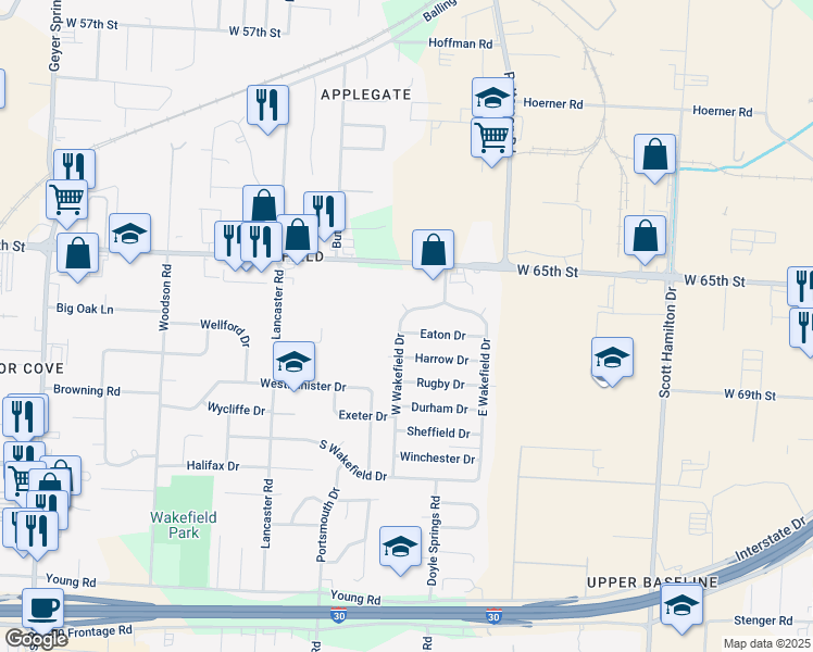 map of restaurants, bars, coffee shops, grocery stores, and more near 36 Eaton Drive in Little Rock