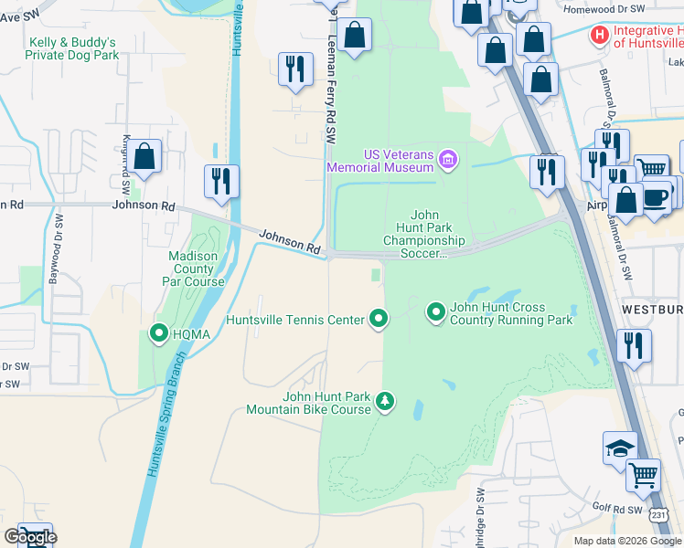 map of restaurants, bars, coffee shops, grocery stores, and more near 2499 Johnson Road in Huntsville