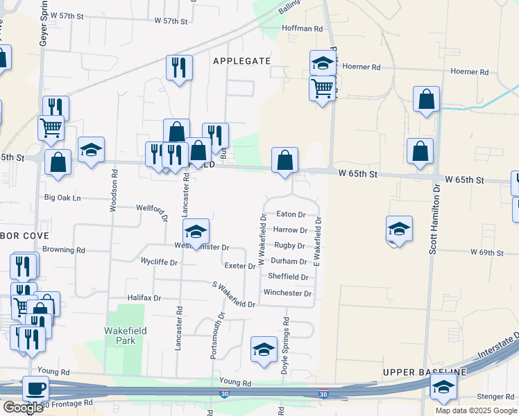 map of restaurants, bars, coffee shops, grocery stores, and more near 6806 West Wakefield Drive in Little Rock