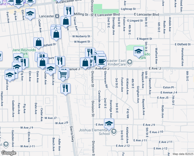 map of restaurants, bars, coffee shops, grocery stores, and more near East Avenue J6 in Lancaster