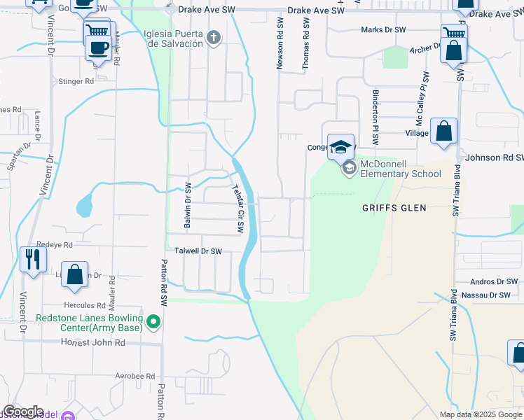 map of restaurants, bars, coffee shops, grocery stores, and more near 3605 Squaw Valley Drive Southwest in Huntsville