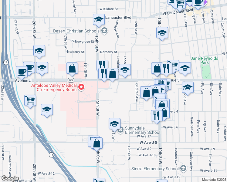 map of restaurants, bars, coffee shops, grocery stores, and more near 44303 Lowtree Avenue in Lancaster