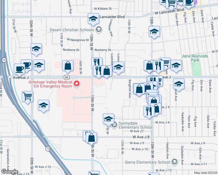 map of restaurants, bars, coffee shops, grocery stores, and more near 44303 Lowtree Avenue in Lancaster