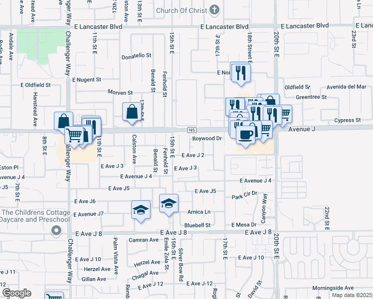 map of restaurants, bars, coffee shops, grocery stores, and more near 44311 Rawdon Avenue in Lancaster