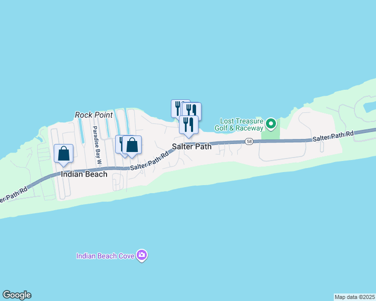 map of restaurants, bars, coffee shops, grocery stores, and more near 115 Beach Hill Lane in Salter Path