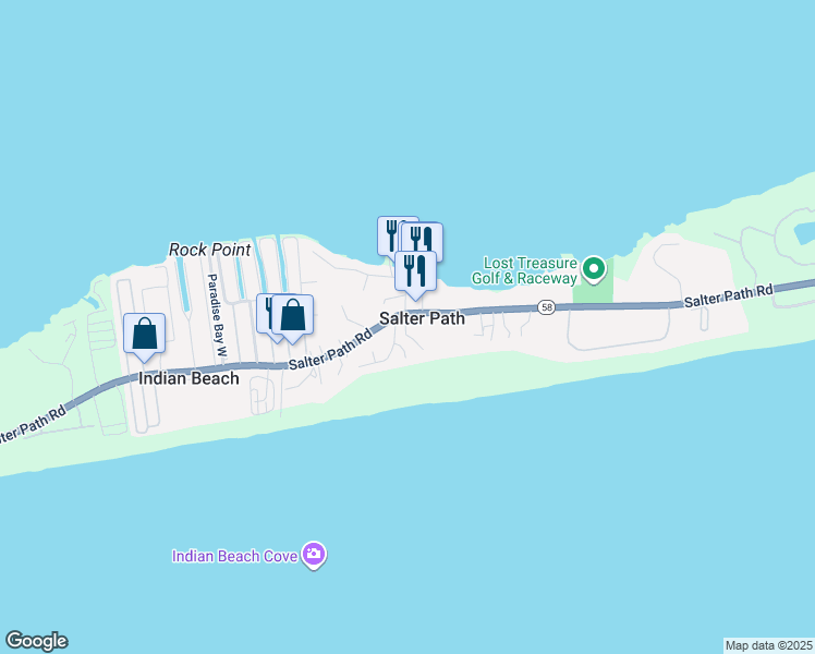 map of restaurants, bars, coffee shops, grocery stores, and more near 121 Beach Hill Lane in Salter Path