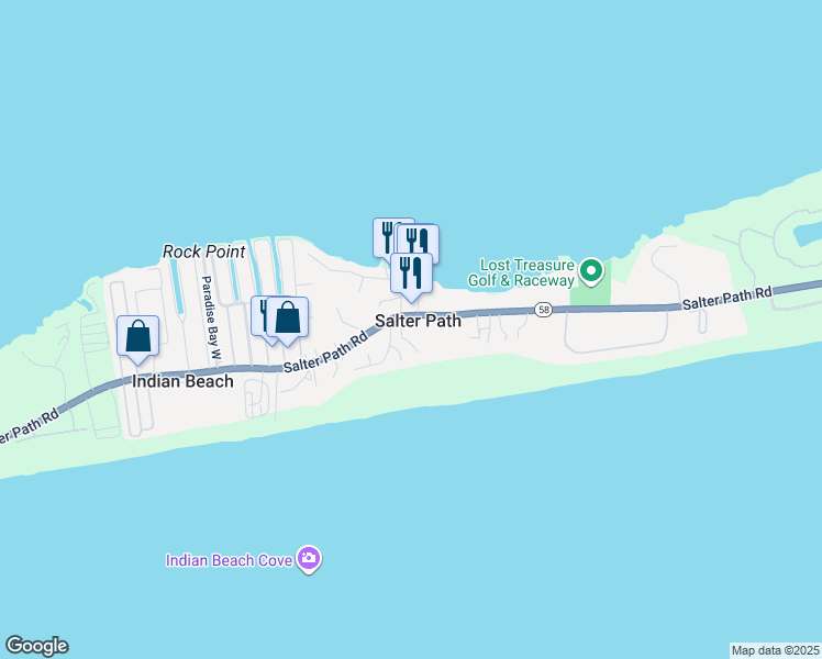 map of restaurants, bars, coffee shops, grocery stores, and more near 115 Beach Hill Lane in Salter Path