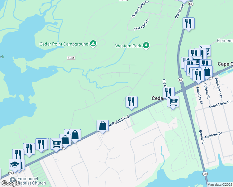 map of restaurants, bars, coffee shops, grocery stores, and more near 113 Little Bay Drive in Swansboro