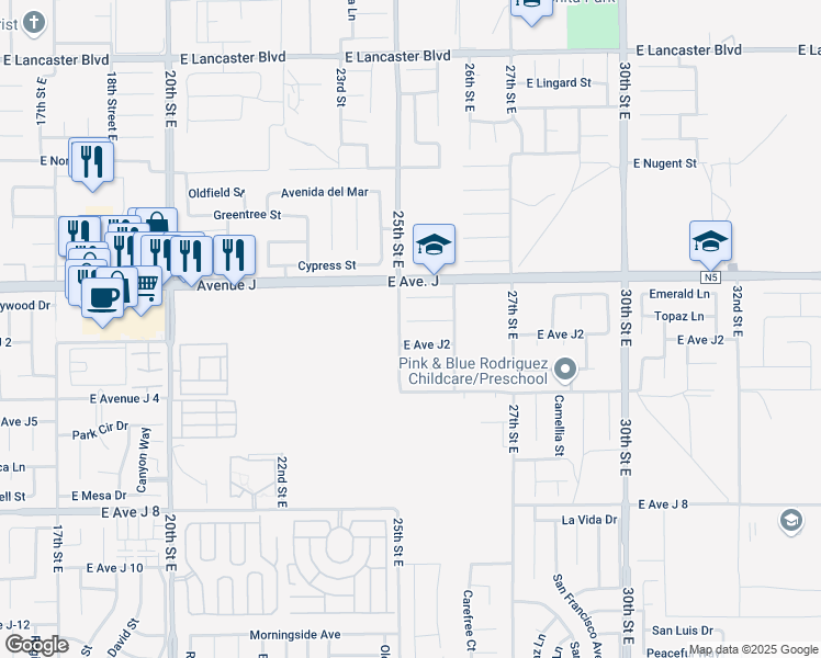 map of restaurants, bars, coffee shops, grocery stores, and more near 2502 East Avenue J2 in Lancaster
