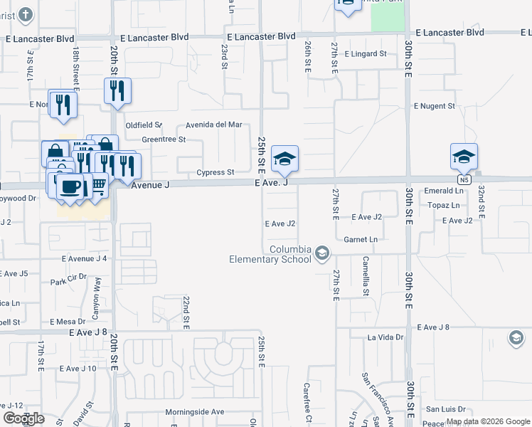 map of restaurants, bars, coffee shops, grocery stores, and more near 2502 East Avenue J2 in Lancaster