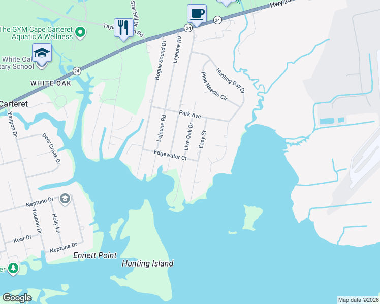 map of restaurants, bars, coffee shops, grocery stores, and more near 332 Live Oak Drive in Cape Carteret