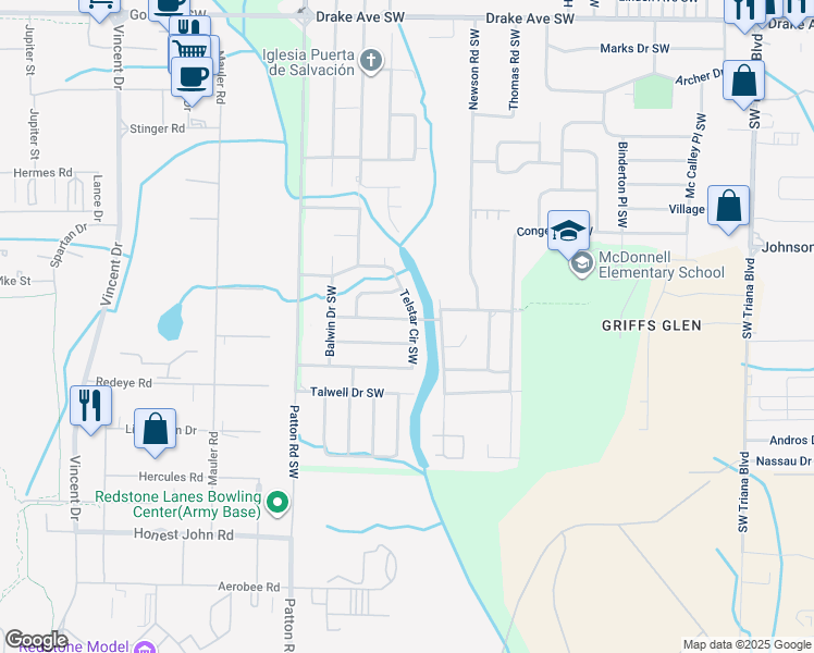 map of restaurants, bars, coffee shops, grocery stores, and more near 3935 Telstar Circle Southwest in Huntsville