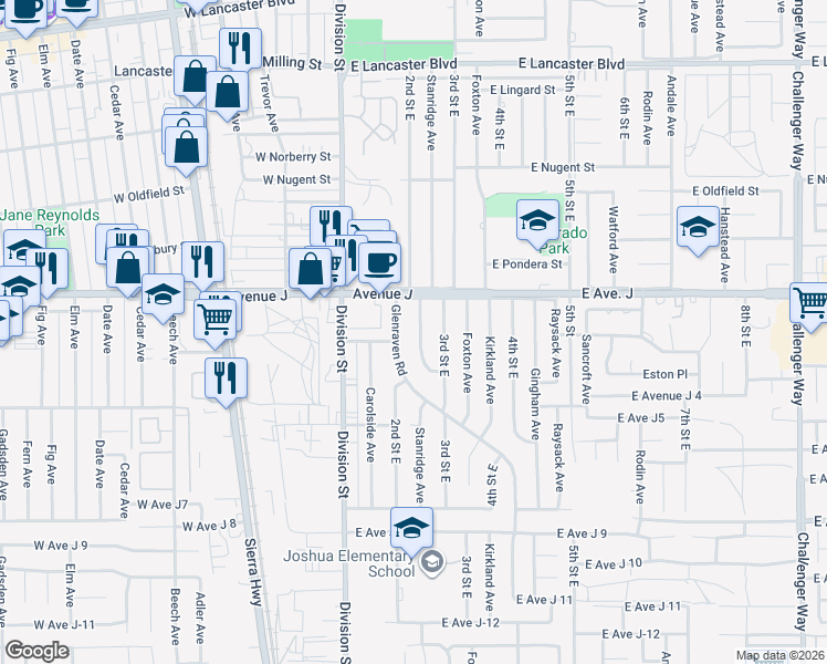map of restaurants, bars, coffee shops, grocery stores, and more near 44365 Stanridge Avenue in Lancaster