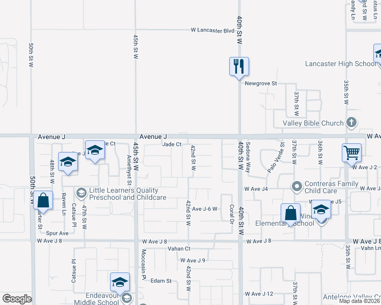 map of restaurants, bars, coffee shops, grocery stores, and more near 44311 42nd Street West in Lancaster