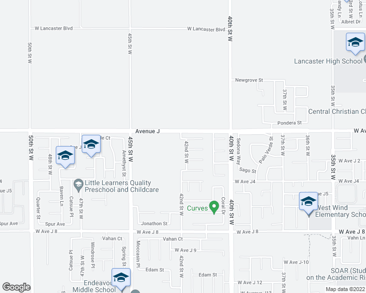 map of restaurants, bars, coffee shops, grocery stores, and more near 44335 42nd Street West in Lancaster