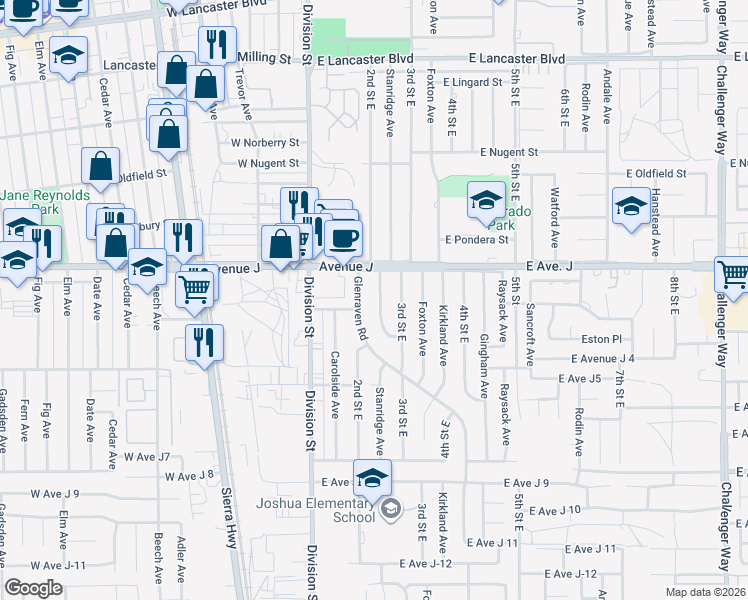 map of restaurants, bars, coffee shops, grocery stores, and more near 44365 Stanridge Avenue in Lancaster