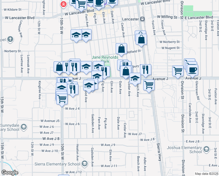map of restaurants, bars, coffee shops, grocery stores, and more near 44327 Elm Avenue in Lancaster