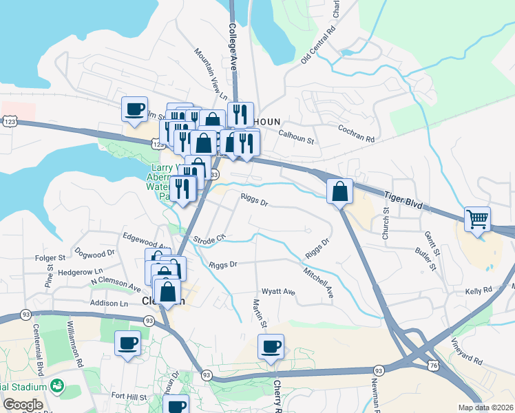 map of restaurants, bars, coffee shops, grocery stores, and more near 264 Riggs Drive in Clemson