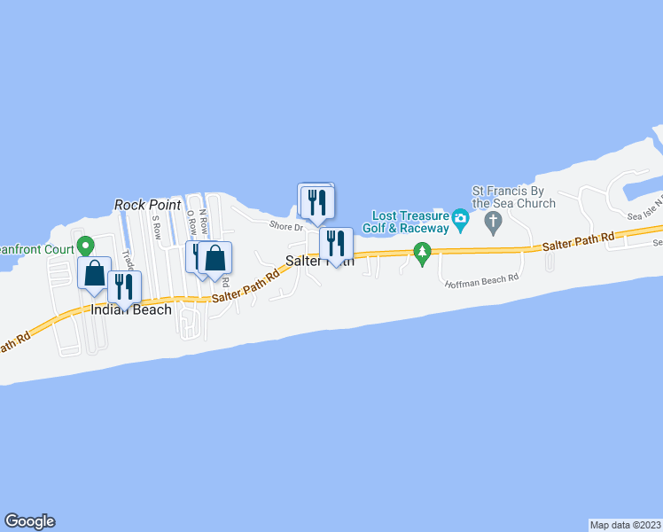 map of restaurants, bars, coffee shops, grocery stores, and more near 1181 Salter Path Road in Atlantic Beach