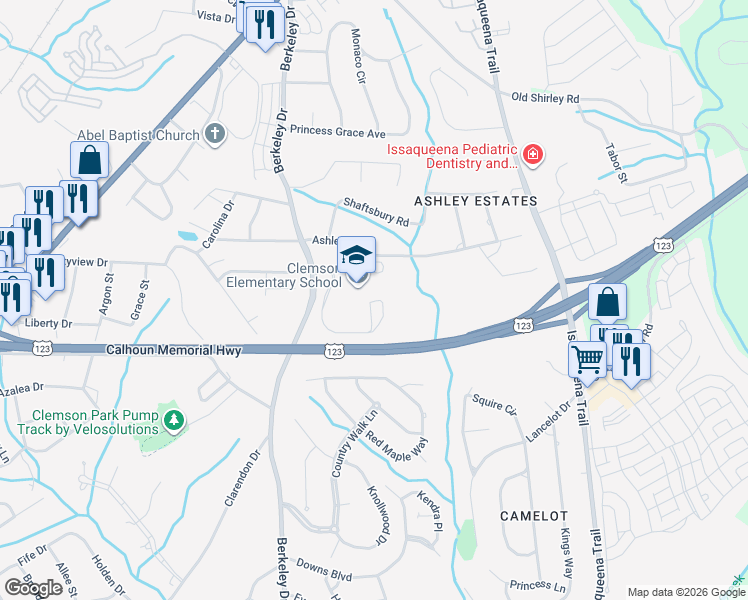 map of restaurants, bars, coffee shops, grocery stores, and more near 581 Berkeley Drive in Clemson