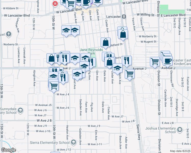 map of restaurants, bars, coffee shops, grocery stores, and more near 44327 Elm Avenue in Lancaster