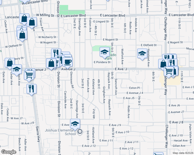 map of restaurants, bars, coffee shops, grocery stores, and more near 44346 4th Street East in Lancaster