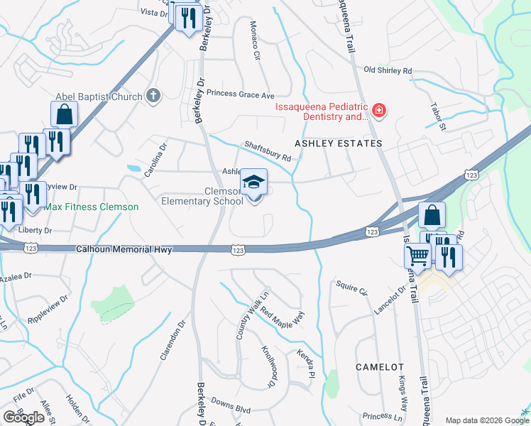 map of restaurants, bars, coffee shops, grocery stores, and more near 581 Berkeley Drive in Clemson