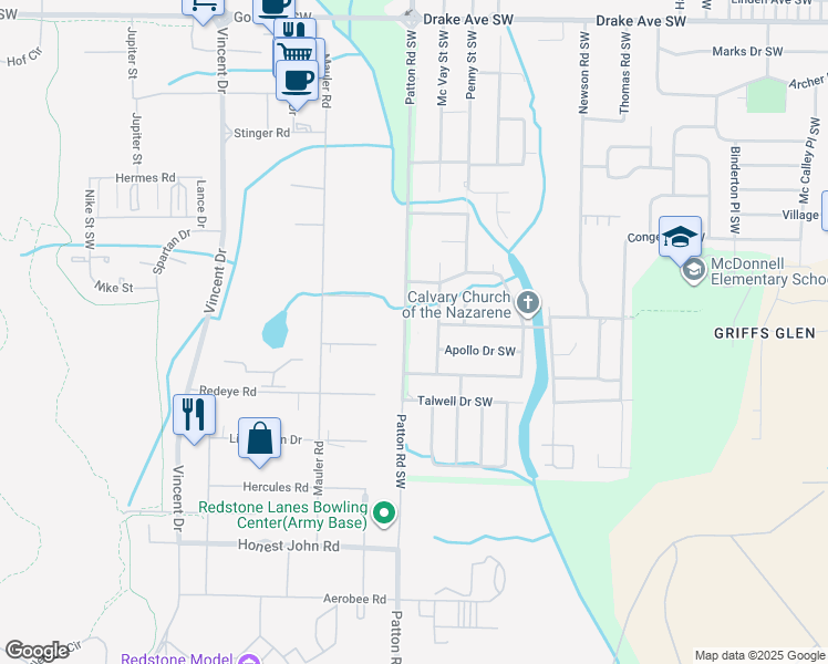 map of restaurants, bars, coffee shops, grocery stores, and more near 4307 Patton Road Southwest in Huntsville