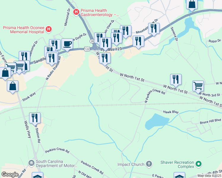 map of restaurants, bars, coffee shops, grocery stores, and more near 200 Washington Street in Seneca
