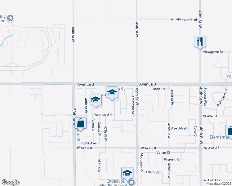 map of restaurants, bars, coffee shops, grocery stores, and more near 44327 46th Street West in Lancaster