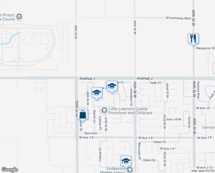 map of restaurants, bars, coffee shops, grocery stores, and more near 44328 47th Street West in Lancaster