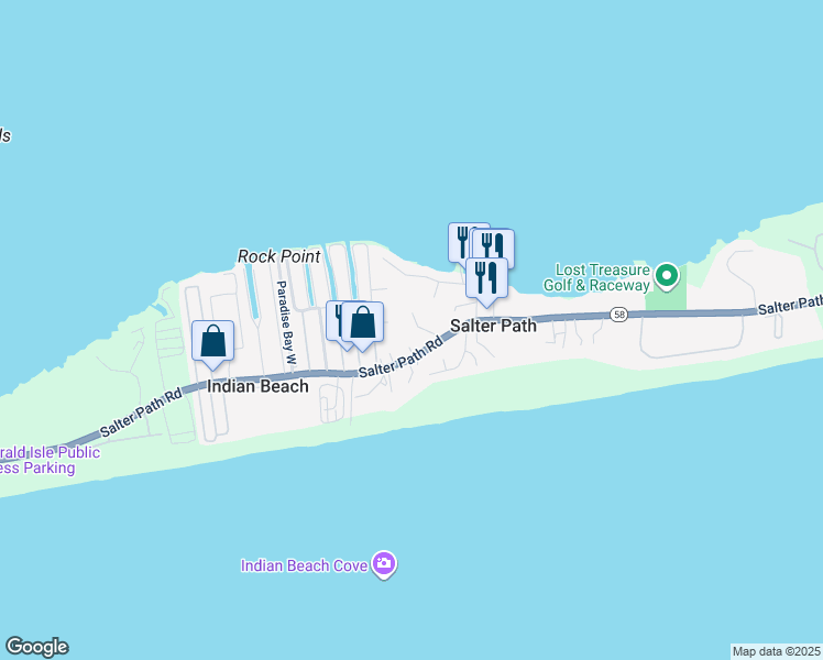 map of restaurants, bars, coffee shops, grocery stores, and more near 109 Oak Hill Lane in Atlantic Beach