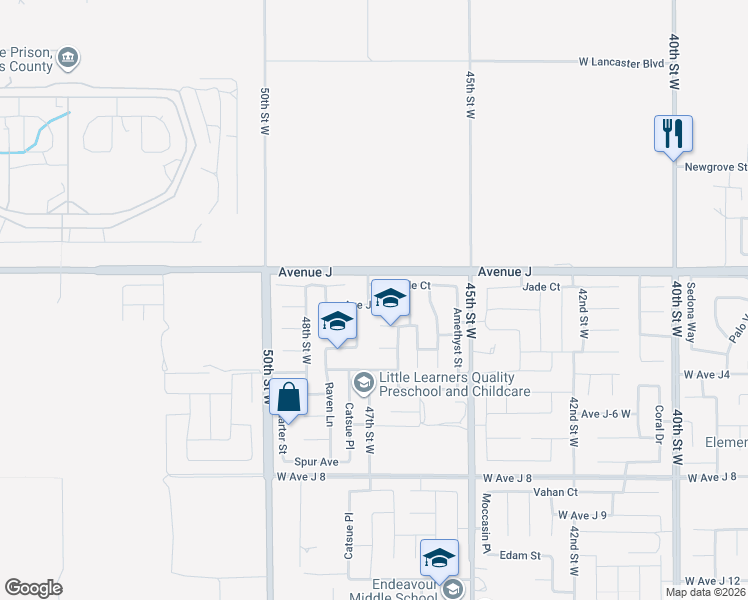 map of restaurants, bars, coffee shops, grocery stores, and more near 44328 47th Street West in Lancaster