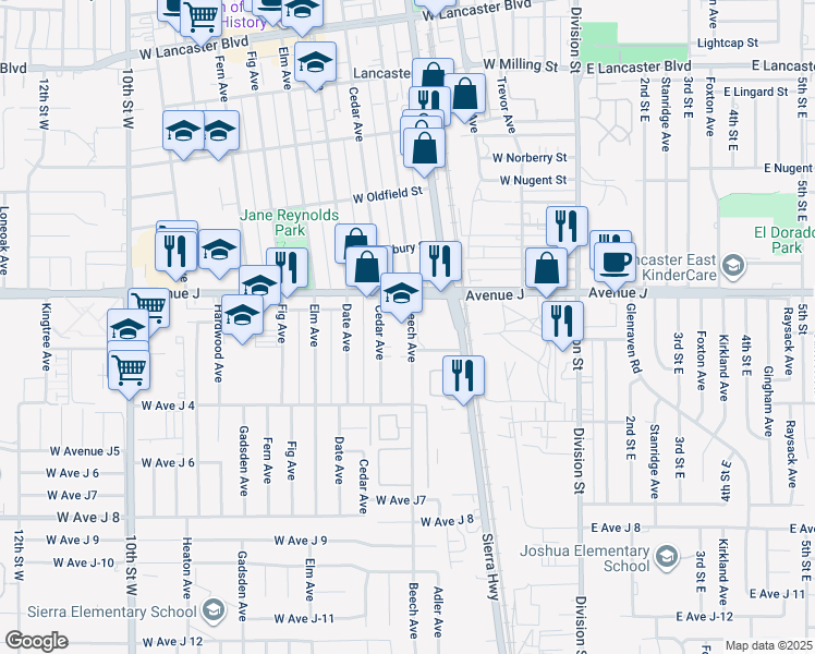 map of restaurants, bars, coffee shops, grocery stores, and more near 524 West Avenue J in Lancaster